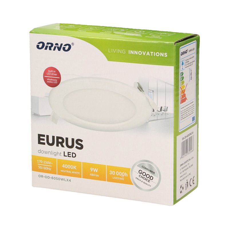 EURUS LED 9W, OPRAWA DOWNLIGHT, PODTYNKOWA, OKRĄGŁA, 480LM, 4000K, BIAŁA, WBUDOWANY ZASILACZ LED ORNO EURUS LED 9W, OPRAWA DOWNLIGHT, PODTYNKOWA, OKRĄGŁA, 480LM, 4000K, BIAŁA, WBUDOWANY ZASILACZ LED ORNO