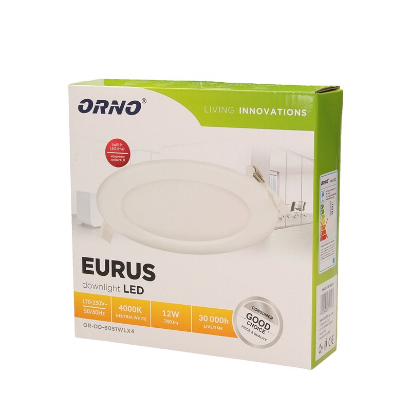EURUS LED 12W, OPRAWA DOWNLIGHT, PODTYNKOWA, OKRĄGŁA, 780LM, 4000K, BIAŁA, WBUDOWANY ZASILACZ LED ORNO EURUS LED 12W, OPRAWA DOWNLIGHT, PODTYNKOWA, OKRĄGŁA, 780LM, 4000K, BIAŁA, WBUDOWANY ZASILACZ LED ORNO