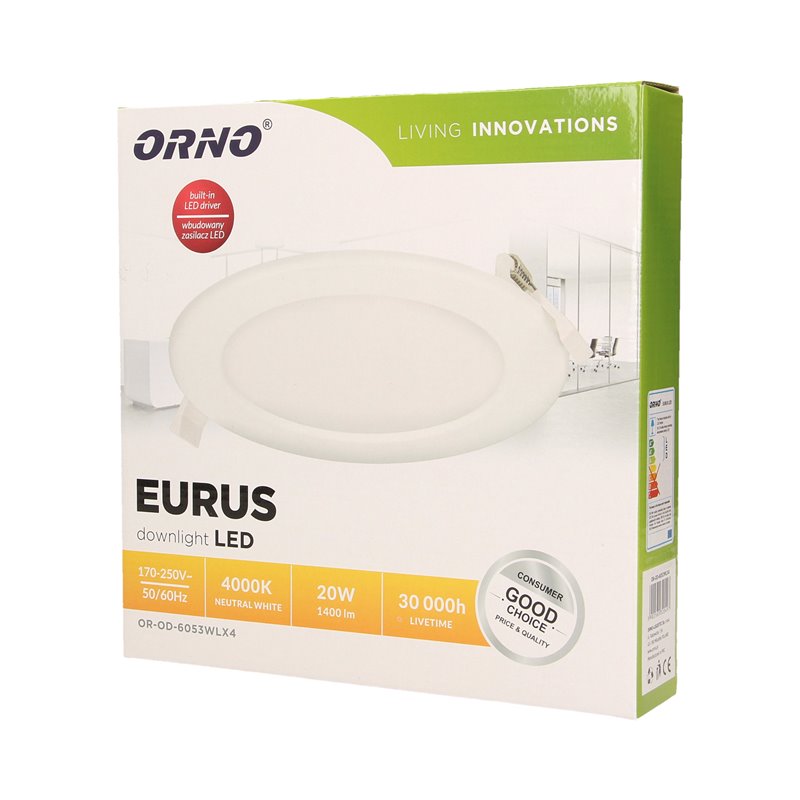 EURUS LED 20W, OPRAWA DOWNLIGHT, PODTYNKOWA, OKRĄGŁA, 1400LM, 4000K, BIAŁA, WBUDOWANY ZASILACZ LED ORNO EURUS LED 20W, OPRAWA DOWNLIGHT, PODTYNKOWA, OKRĄGŁA, 1400LM, 4000K, BIAŁA, WBUDOWANY ZASILACZ LED ORNO