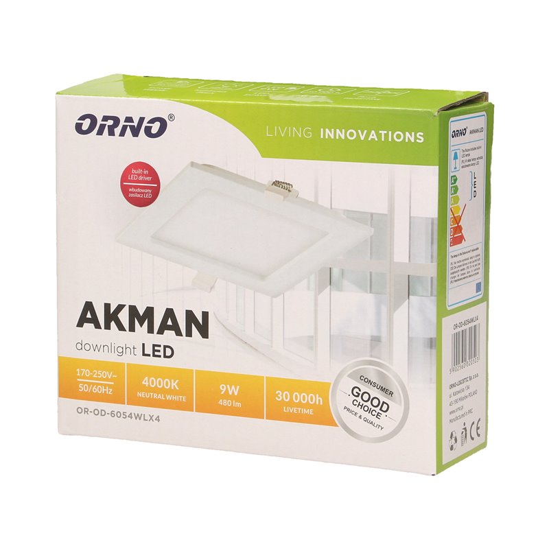 AKMAN LED 9W, OPRAWA DOWNLIGHT, PODTYNKOWA, KWADRATOWA, 480LM, 4000K, BIAŁA, WBUDOWANY ZASILACZ LED ORNO AKMAN LED 9W, OPRAWA DOWNLIGHT, PODTYNKOWA, KWADRATOWA, 480LM, 4000K, BIAŁA, WBUDOWANY ZASILACZ LED ORNO