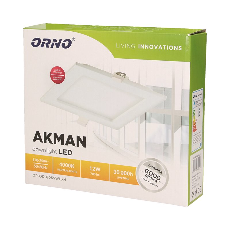 AKMAN LED 12W, OPRAWA DOWNLIGHT, PODTYNKOWA, KWADRATOWA, 780LM, 4000K, BIAŁA, WBUDOWANY ZASILACZ LED ORNO AKMAN LED 12W, OPRAWA DOWNLIGHT, PODTYNKOWA, KWADRATOWA, 780LM, 4000K, BIAŁA, WBUDOWANY ZASILACZ LED ORNO