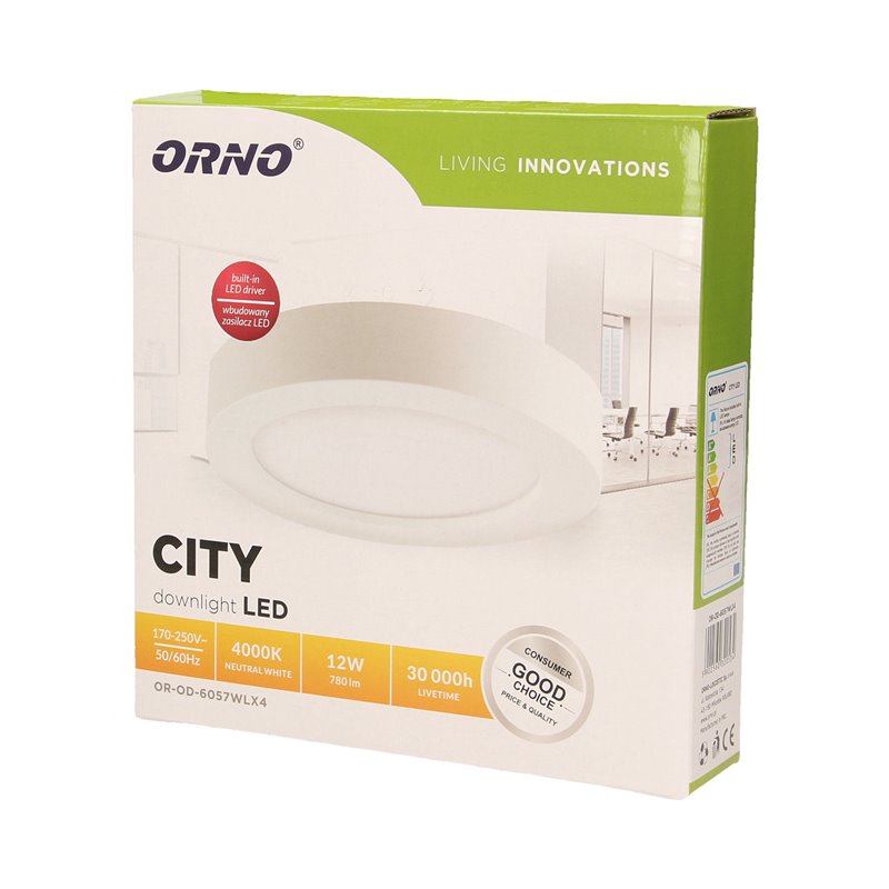 CITY LED 12W, OPRAWA DOWNLIGHT, NATYNKOWA, OKRĄGŁA, 780LM, 4000K, BIAŁA, WBUDOWANY ZASILACZ LED ORNO CITY LED 12W, OPRAWA DOWNLIGHT, NATYNKOWA, OKRĄGŁA, 780LM, 4000K, BIAŁA, WBUDOWANY ZASILACZ LED ORNO