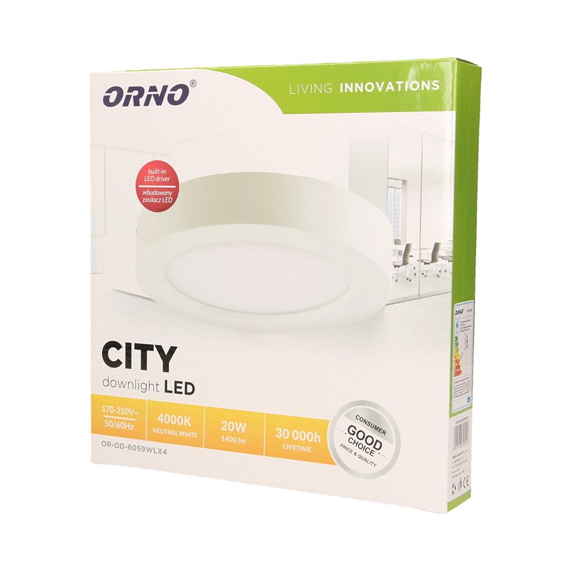 CITY LED 20W, OPRAWA DOWNLIGHT, NATYNKOWA, OKRĄGŁA, 1400LM, 4000K, BIAŁA, WBUDOWANY ZASILACZ LED ORNO CITY LED 20W, OPRAWA DOWNLIGHT, NATYNKOWA, OKRĄGŁA, 1400LM, 4000K, BIAŁA, WBUDOWANY ZASILACZ LED ORNO