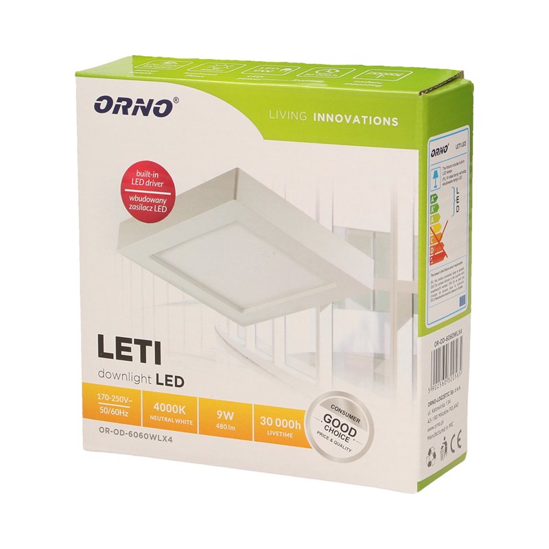 LETI LED 9W, OPRAWA DOWNLIGHT, NATYNKOWA, KWADRATOWA, 480LM, 4000K, BIAŁA, WBUDOWANY ZASILACZ LED ORNO LETI LED 9W, OPRAWA DOWNLIGHT, NATYNKOWA, KWADRATOWA, 480LM, 4000K, BIAŁA, WBUDOWANY ZASILACZ LED ORNO
