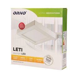 LETI LED 12W, OPRAWA DOWNLIGHT, NATYNKOWA, KWADRATOWA, 780LM, 4000K, BIAŁA, WBUDOWANY ZASILACZ LED ORNO LETI LED 12W, OPRAWA DOWNLIGHT, NATYNKOWA, KWADRATOWA, 780LM, 4000K, BIAŁA, WBUDOWANY ZASILACZ LED ORNO