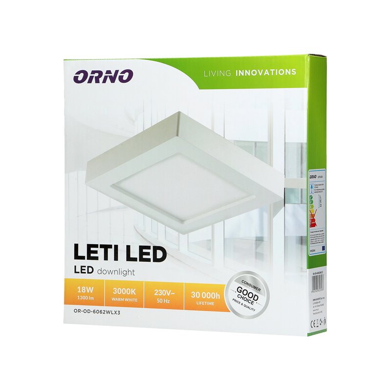LETI LED 18W, OPRAWA DOWNLIGHT, NATYNKOWA, KWADRATOWA, 1300LM, 3000K, BIAŁA, WBUDOWANY ZASILACZ LED ORNO LETI LED 18W, OPRAWA DOWNLIGHT, NATYNKOWA, KWADRATOWA, 1300LM, 3000K, BIAŁA, WBUDOWANY ZASILACZ LED ORNO