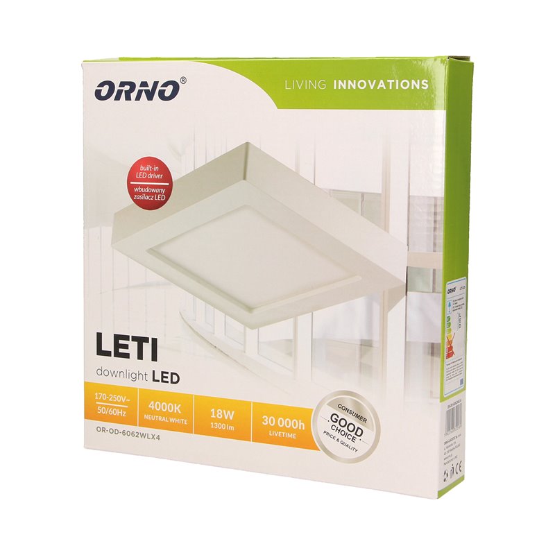 LETI LED 18W, OPRAWA DOWNLIGHT, NATYNKOWA, KWADRATOWA, 1300LM, 4000K, BIAŁA, WBUDOWANY ZASILACZ LED ORNO LETI LED 18W, OPRAWA DOWNLIGHT, NATYNKOWA, KWADRATOWA, 1300LM, 4000K, BIAŁA, WBUDOWANY ZASILACZ LED ORNO