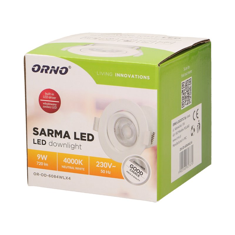 SARMA LED 9W, OPRAWA DOWNLIGHT, PODTYNKOWA, RUCHOMA, 720LM, 4000K, WBUDOWANY ZASILACZ LED ORNO SARMA LED 9W, OPRAWA DOWNLIGHT, PODTYNKOWA, RUCHOMA, 720LM, 4000K, WBUDOWANY ZASILACZ LED ORNO