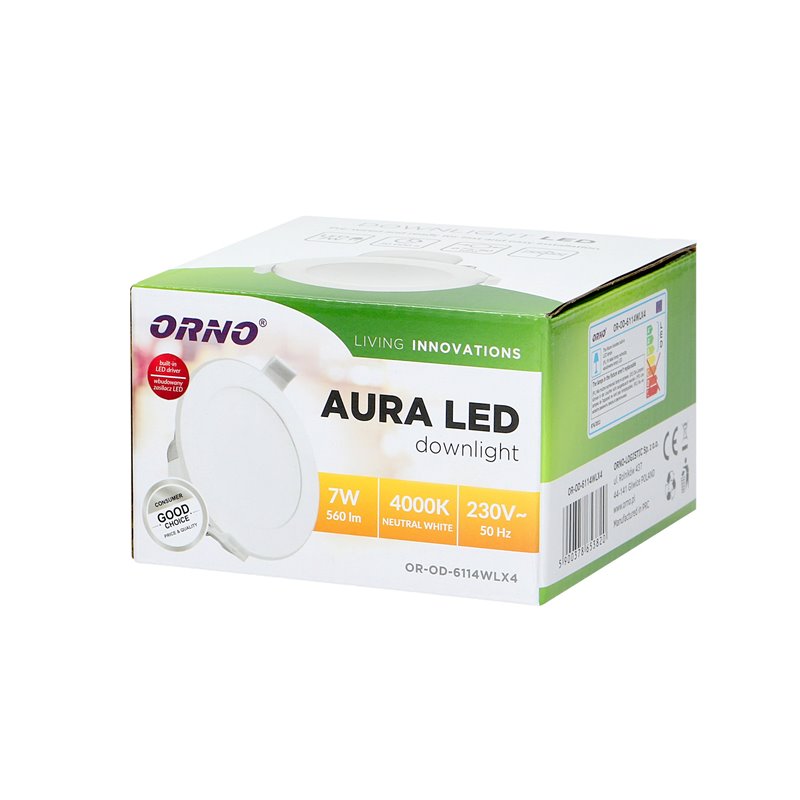 AURA LED 7W, OPRAWA DOWNLIGHT, PODTYNKOWA, 560LM, 4000K, BIAŁA, WBUDOWANY ZASILACZ LED ORNO AURA LED 7W, OPRAWA DOWNLIGHT, PODTYNKOWA, 560LM, 4000K, BIAŁA, WBUDOWANY ZASILACZ LED ORNO