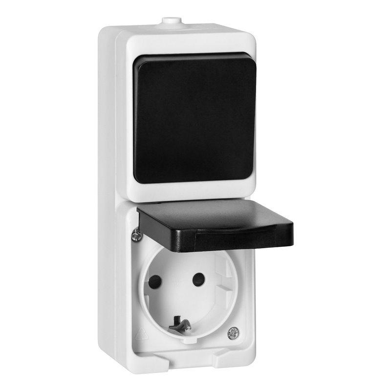 ŁĄCZNIK JEDNOBIEGUNOWY + GNIAZDO 2P+Z SCHUKO AQUATIC MINI IP 54 BIAŁO-CZARNE ORNO ŁĄCZNIK JEDNOBIEGUNOWY + GNIAZDO 2P+Z SCHUKO AQUATIC MINI IP 54 BIAŁO-CZARNE ORNO