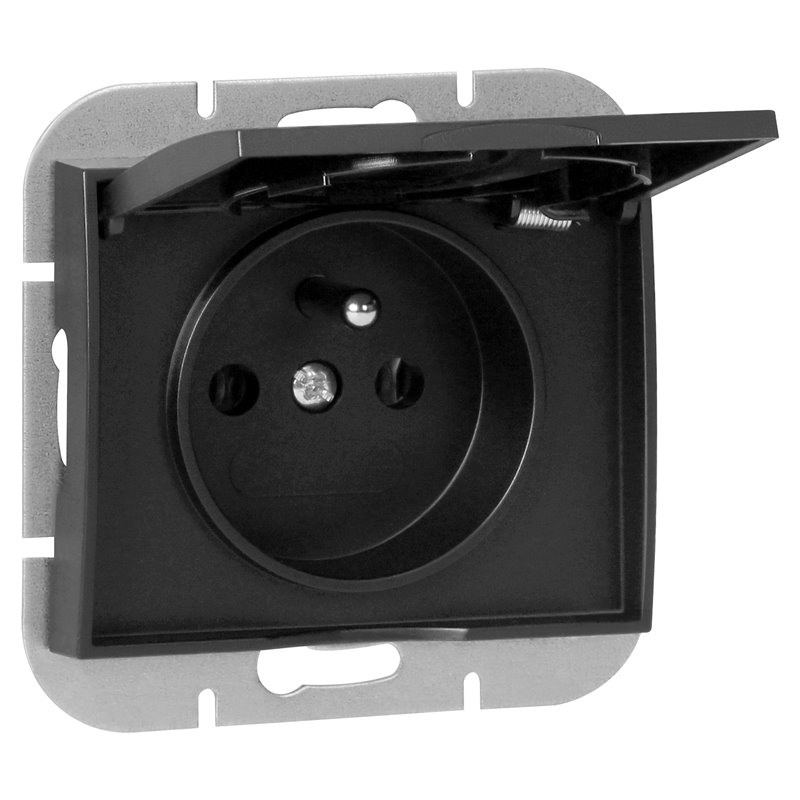 GNIAZDO POJEDYNCZE P/T 2P+Z BRYZGOSZCZELNE Z KLAPKĄ ONYX, 16A, 250V, PT-16OH, CZARNY ORNO