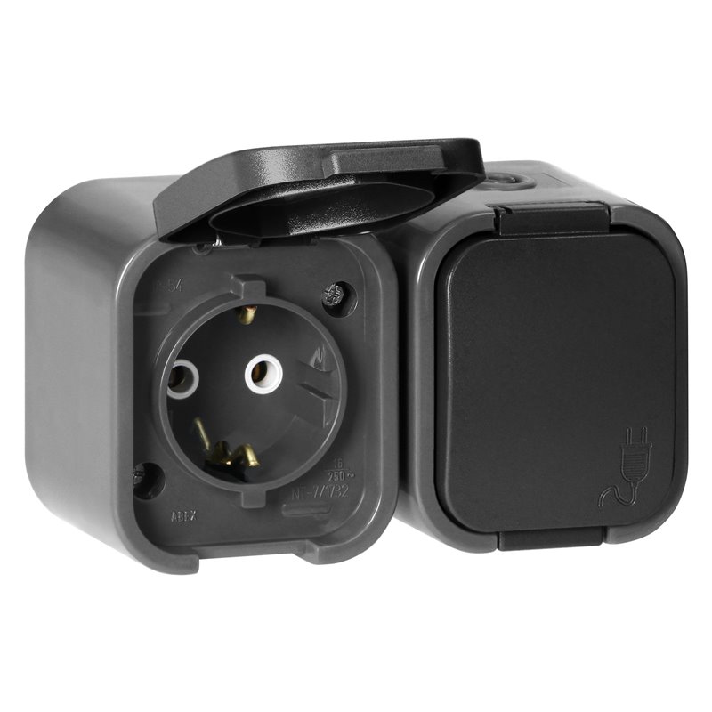 GNIAZDO PODWÓJNE N/T 2P+Z, SCHUKO, BRYZGOSZCZELNE Z KLAPKĄ B2, IP54, NT-7B2, SZARY/CZARNY ORNO GNIAZDO PODWÓJNE N/T 2P+Z, SCHUKO, BRYZGOSZCZELNE Z KLAPKĄ B2, IP54, NT-7B2, SZARY/CZARNY ORNO
