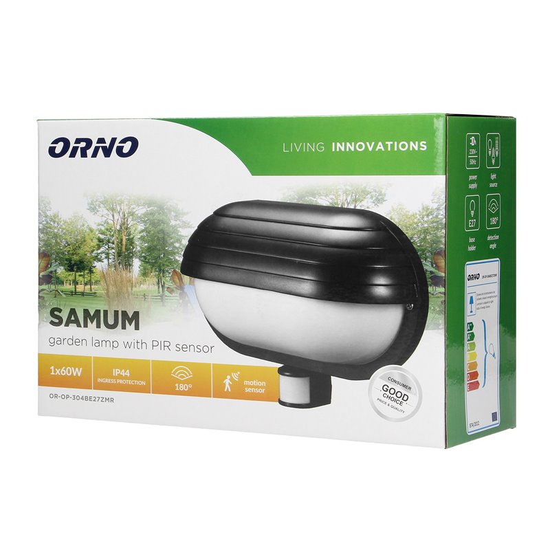 SAMUM, OPRAWA OGRODOWA Z CZUJNIKIEM RUCHU 180ST, 1X60W, E27, IP44, Z PRZESŁONĄ, PLASTIK, CZARNA ORNO SAMUM, OPRAWA OGRODOWA Z CZUJNIKIEM RUCHU 180ST, 1X60W, E27, IP44, Z PRZESŁONĄ, PLASTIK, CZARNA ORNO