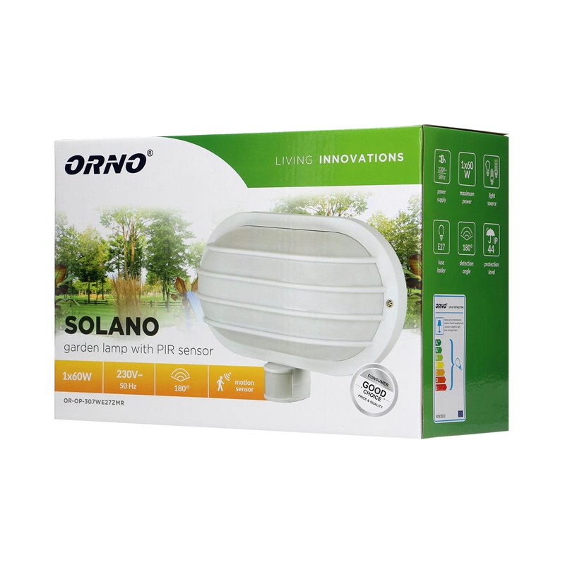 SOLANO, OPRAWA OGRODOWA Z CZUJNIKIEM RUCHU 180ST, 1X60W, E27, IP44, PLASTIK, BIAŁA ORNO SOLANO, OPRAWA OGRODOWA Z CZUJNIKIEM RUCHU 180ST, 1X60W, E27, IP44, PLASTIK, BIAŁA ORNO
