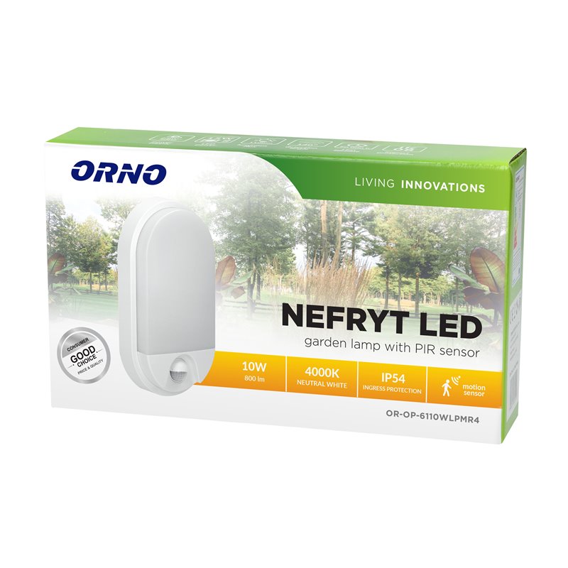 NEFRYT LED 10W, OPRAWA OGRODOWA Z CZUJNIKIEM RUCHU 140ST, 850LM, IP54, 4000K, BIAŁA ORNO NEFRYT LED 10W, OPRAWA OGRODOWA Z CZUJNIKIEM RUCHU 140ST, 850LM, IP54, 4000K, BIAŁA ORNO