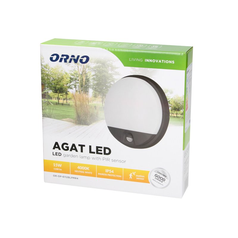 AGAT LED 15W, OPRAWA OGRODOWA Z CZUJNIKIEM RUCHU, 140ST, 1100LM, IP54, 4000K, CZARNA ORNO AGAT LED 15W, OPRAWA OGRODOWA Z CZUJNIKIEM RUCHU, 140ST, 1100LM, IP54, 4000K, CZARNA ORNO
