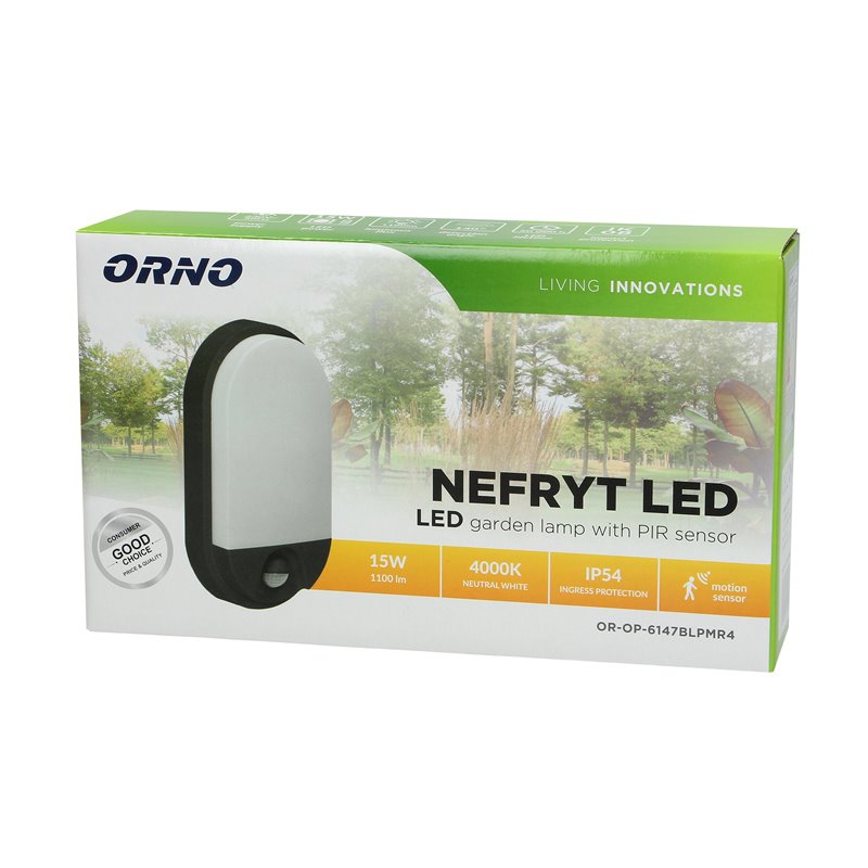 NEFRYT LED 15W, OPRAWA OGRODOWA Z CZUJNIKIEM RUCHU, 1100LM, IP54, 4000K, CZARNA ORNO NEFRYT LED 15W, OPRAWA OGRODOWA Z CZUJNIKIEM RUCHU, 1100LM, IP54, 4000K, CZARNA ORNO