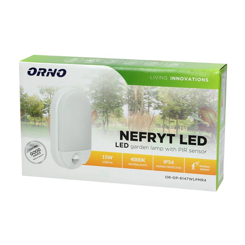 NEFRYT LED 15W, OPRAWA OGRODOWA Z CZUJNIKIEM RUCHU, 1100LM, IP54, 4000K, BIAŁA ORNO NEFRYT LED 15W, OPRAWA OGRODOWA Z CZUJNIKIEM RUCHU, 1100LM, IP54, 4000K, BIAŁA ORNO