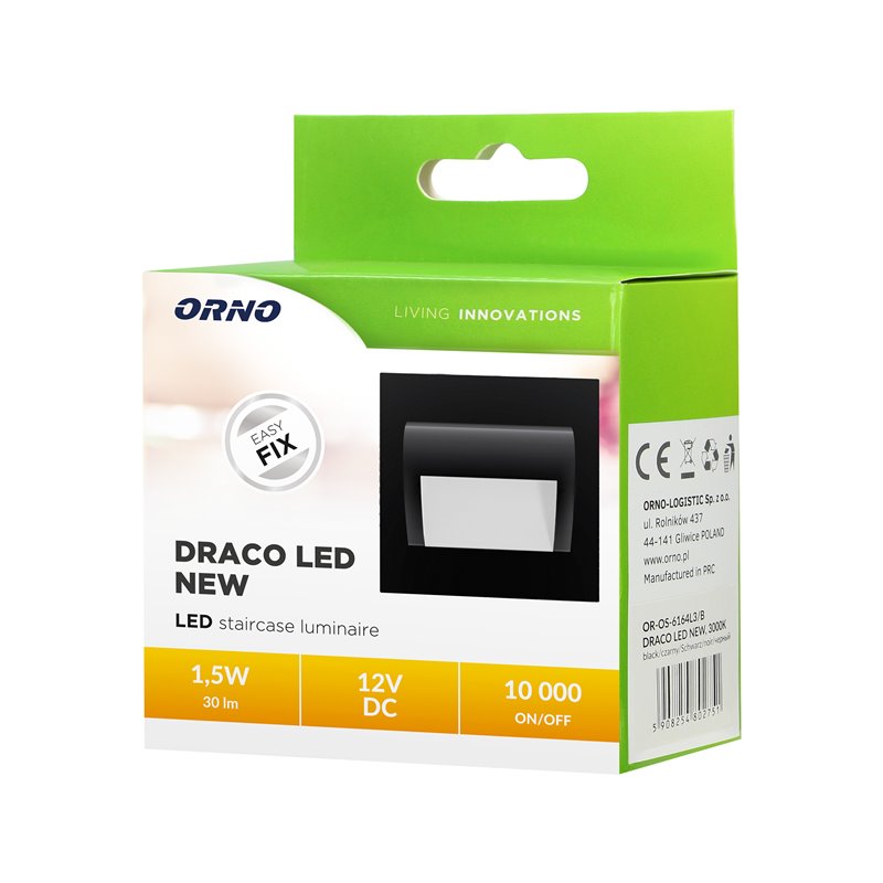 DRACO LED NEW 1,5W, OPRAWA SCHODOWA PODTYNKOWA, 12VDC, 30LM, 3000K, CZARNY, INNOWACYJNY SPOSÓB MONTAŻU ORNO DRACO LED NEW 1,5W, OPRAWA SCHODOWA PODTYNKOWA, 12VDC, 30LM, 3000K, CZARNY, INNOWACYJNY SPOSÓB MONTAŻU ORNO