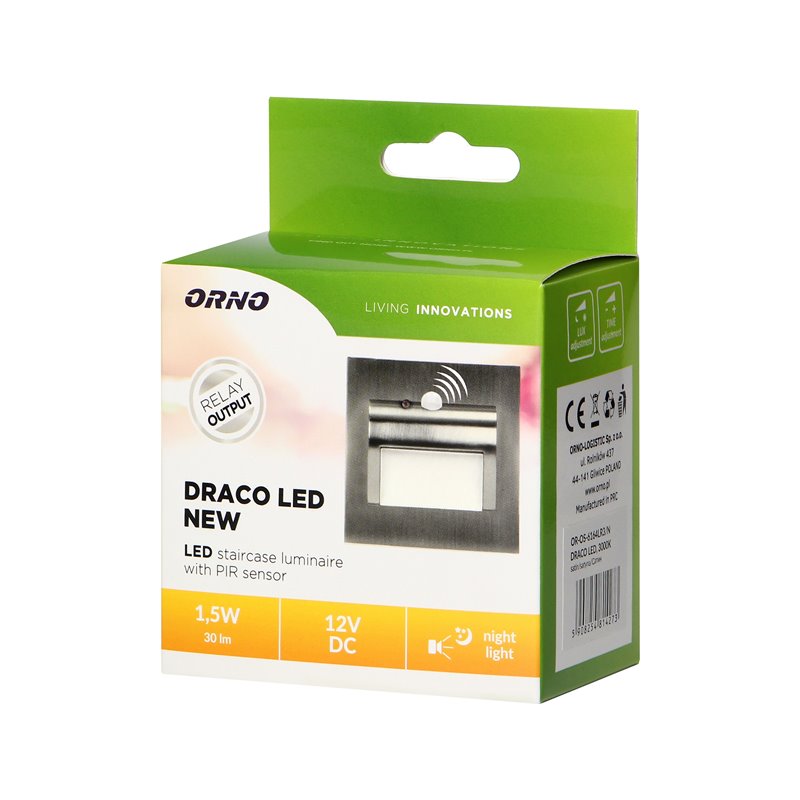 DRACO LED NEW 1,5W, OPRAWA SCHODOWA PODTYNKOWA, 12VDC, 30LM, 3000K, SATYNA, CZUJNIK RUCHU I ZMIERZCHU ORNO DRACO LED NEW 1,5W, OPRAWA SCHODOWA PODTYNKOWA, 12VDC, 30LM, 3000K, SATYNA, CZUJNIK RUCHU I ZMIERZCHU ORNO