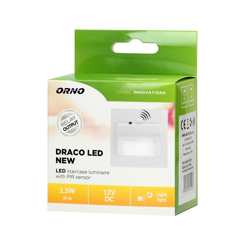 DRACO LED NEW 1,5W, OPRAWA SCHODOWA PODTYNKOWA, 12VDC, 30LM, 3000K, BIAŁA, CZUJNIK RUCHU I ZMIERZCHU ORNO DRACO LED NEW 1,5W, OPRAWA SCHODOWA PODTYNKOWA, 12VDC, 30LM, 3000K, BIAŁA, CZUJNIK RUCHU I ZMIERZCHU ORNO