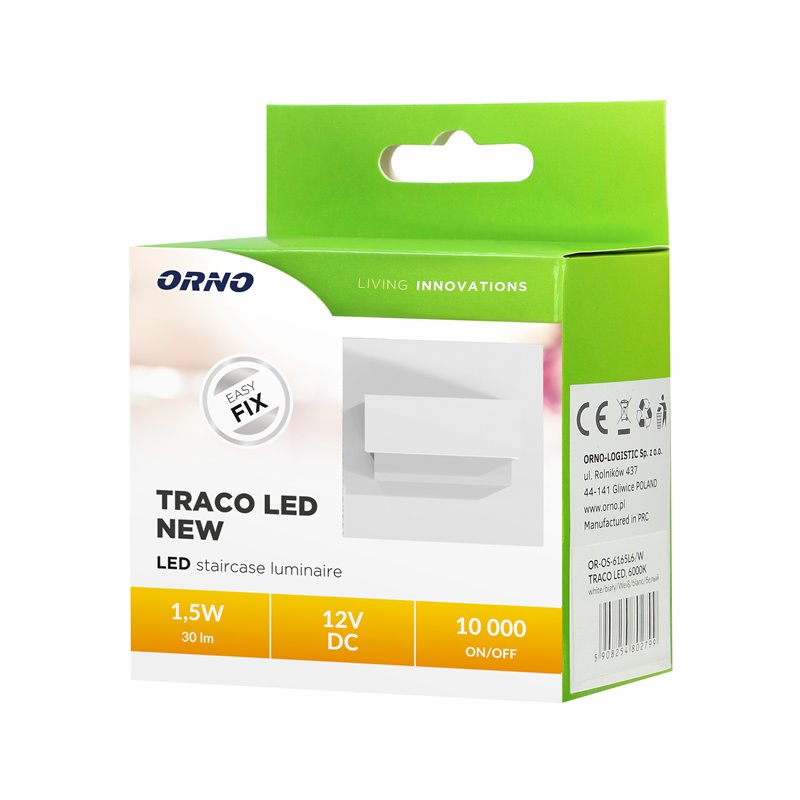 TRACO LED 1,5W, OPRAWA SCHODOWA PODTYNKOWA, 12VDC, 30LM, 3000K, BIAŁY, INNOWACYJNY SPOSÓB MONTAŻU ORNO TRACO LED 1,5W, OPRAWA SCHODOWA PODTYNKOWA, 12VDC, 30LM, 3000K, BIAŁY, INNOWACYJNY SPOSÓB MONTAŻU ORNO