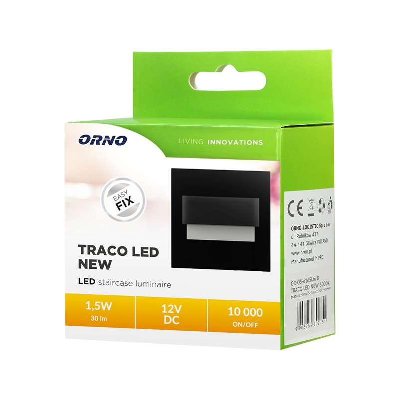TRACO LED 1,5W, OPRAWA SCHODOWA PODTYNKOWA, 12VDC, 30LM, 6000K, CZARNY, INNOWACYJNY SPOSÓB MONTAŻU ORNO TRACO LED 1,5W, OPRAWA SCHODOWA PODTYNKOWA, 12VDC, 30LM, 6000K, CZARNY, INNOWACYJNY SPOSÓB MONTAŻU ORNO