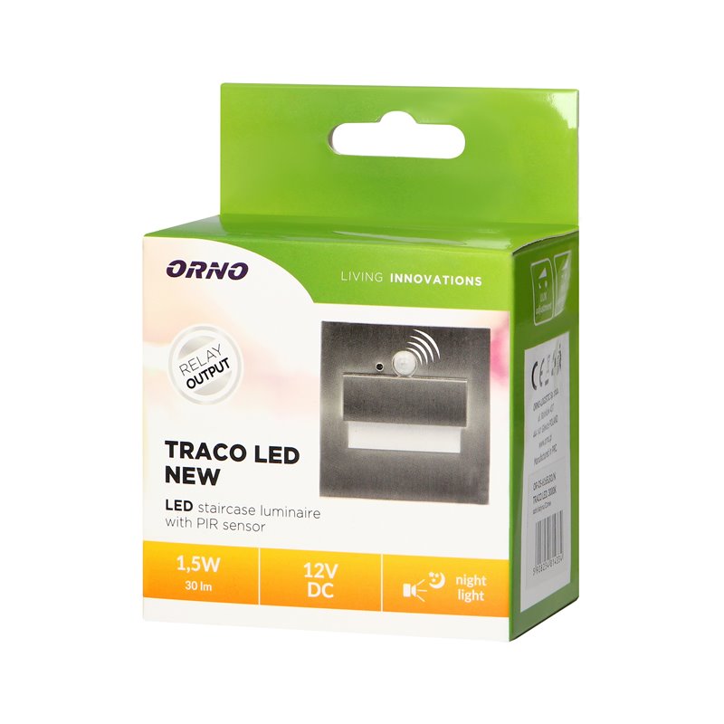 TRACO LED 1,5W, OPRAWA SCHODOWA PODTYNKOWA, 12VDC, 30LM, 6000K, SATYNA, CZUJNIK RUCHU I ZMIERZCHU ORNO TRACO LED 1,5W, OPRAWA SCHODOWA PODTYNKOWA, 12VDC, 30LM, 6000K, SATYNA, CZUJNIK RUCHU I ZMIERZCHU ORNO