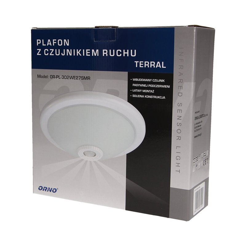 TERRAL, PLAFON OŚWIETLENIOWY Z CZUJNIKIEM RUCHU 360ST, 2X40W, E27, IP20, SZKŁO MATOWE ORNO TERRAL, PLAFON OŚWIETLENIOWY Z CZUJNIKIEM RUCHU 360ST, 2X40W, E27, IP20, SZKŁO MATOWE ORNO
