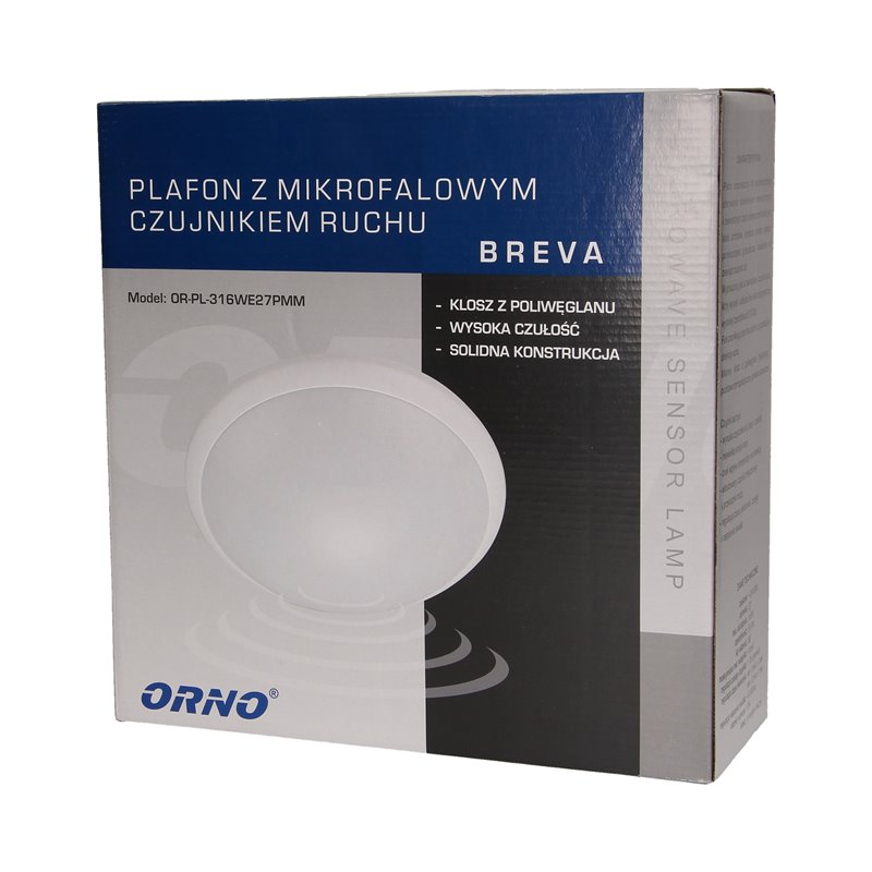 BREVA, PLAFON OŚWIETLENIOWY Z MIKROFALOWYM CZUJNIKIEM RUCHU, 60W, E27, IP44, POLIWĘGLAN MLECZNY ORNO BREVA, PLAFON OŚWIETLENIOWY Z MIKROFALOWYM CZUJNIKIEM RUCHU, 60W, E27, IP44, POLIWĘGLAN MLECZNY ORNO