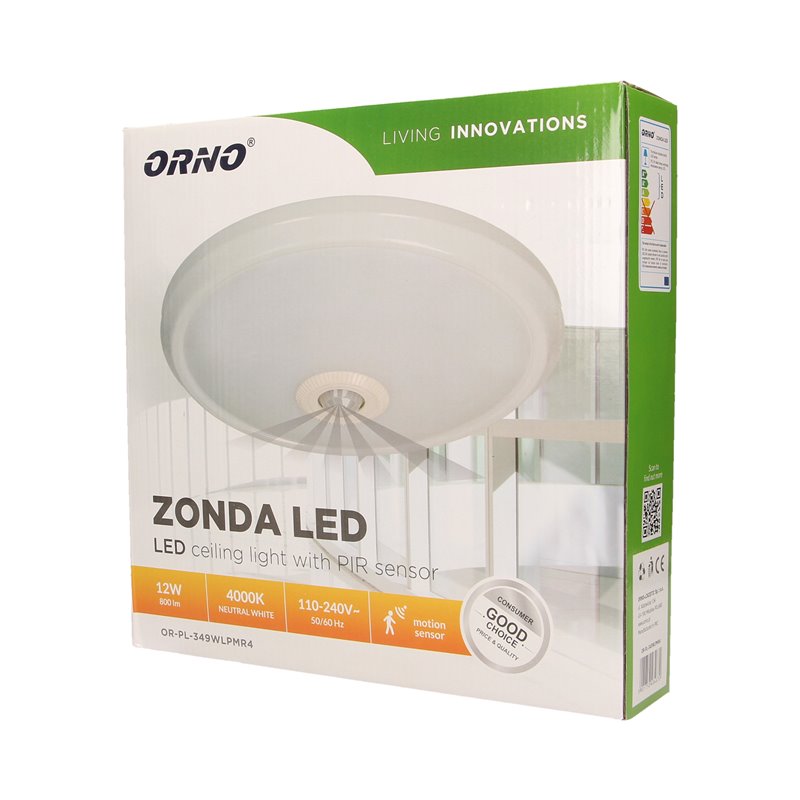 ZONDA LED 12W, PLAFON Z CZUJNIKIEM RUCHU, 800LM, IP20, 4000K, POLIWĘGLAN MLECZNY, BIAŁY ORNO ZONDA LED 12W, PLAFON Z CZUJNIKIEM RUCHU, 800LM, IP20, 4000K, POLIWĘGLAN MLECZNY, BIAŁY ORNO