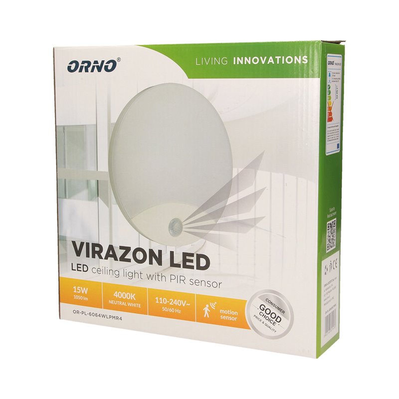 VIRAZON LED 15W, PLAFON Z CZUJNIKIEM RUCHU, 1050LM, IP44, 4000K, POLIWĘGLAN MLECZNY, BIAŁY ORNO VIRAZON LED 15W, PLAFON Z CZUJNIKIEM RUCHU, 1050LM, IP44, 4000K, POLIWĘGLAN MLECZNY, BIAŁY ORNO