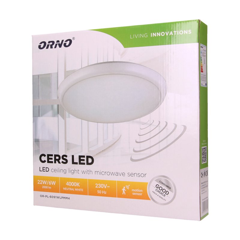 CERS LED 22W, PLAFON Z MIKROFALOWYM CZUJNIKIEM RUCHU, 2000LM, IP65, 4000K, POLIWĘGLAN MLECZNY BIAŁY, FUNKCJA PRZYCIEMNIENIA ORNO CERS LED 22W, PLAFON Z MIKROFALOWYM CZUJNIKIEM RUCHU, 2000LM, IP65, 4000K, POLIWĘGLAN MLECZNY BIAŁY, FUNKCJA PRZYCIEMNIENIA ORNO