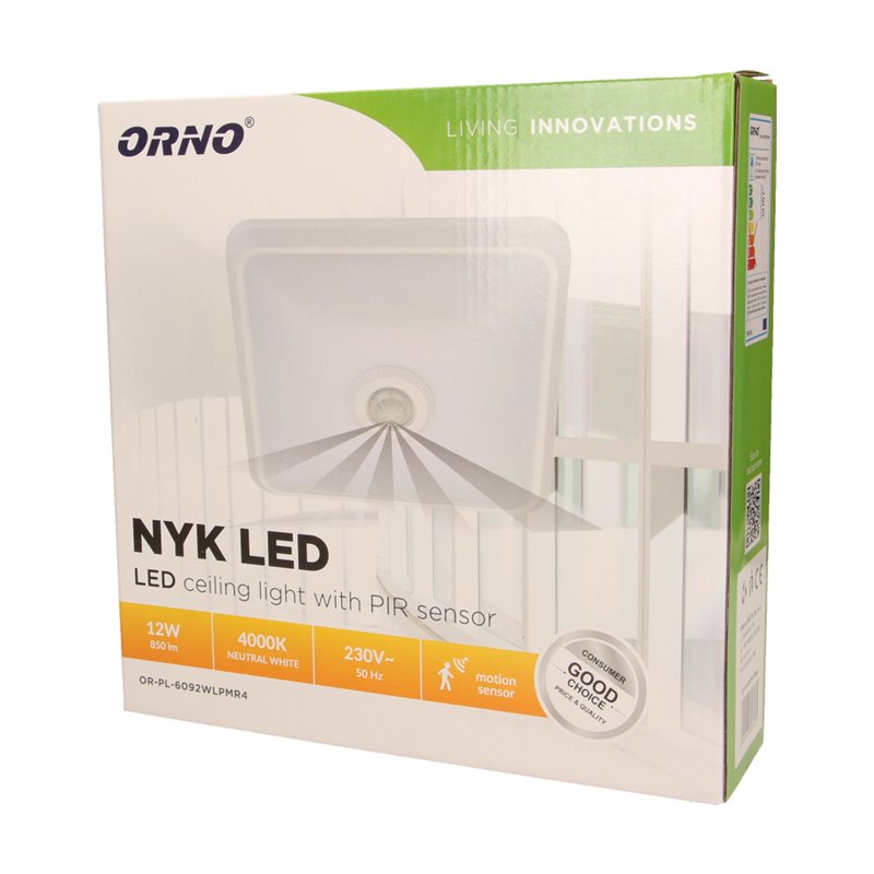 NYK LED 12W, PLAFON Z CZUJNIKIEM RUCHU, 850LM, IP20, 4000K, POLIWĘGLAN MLECZNY, BIAŁY ORNO NYK LED 12W, PLAFON Z CZUJNIKIEM RUCHU, 850LM, IP20, 4000K, POLIWĘGLAN MLECZNY, BIAŁY ORNO
