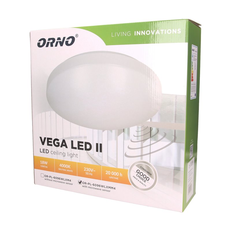 PLAFON VEGA LED II Z MIKROFALOWYM CZUJNIKIEM RUCHU, 18W ORNO PLAFON VEGA LED II Z MIKROFALOWYM CZUJNIKIEM RUCHU, 18W ORNO