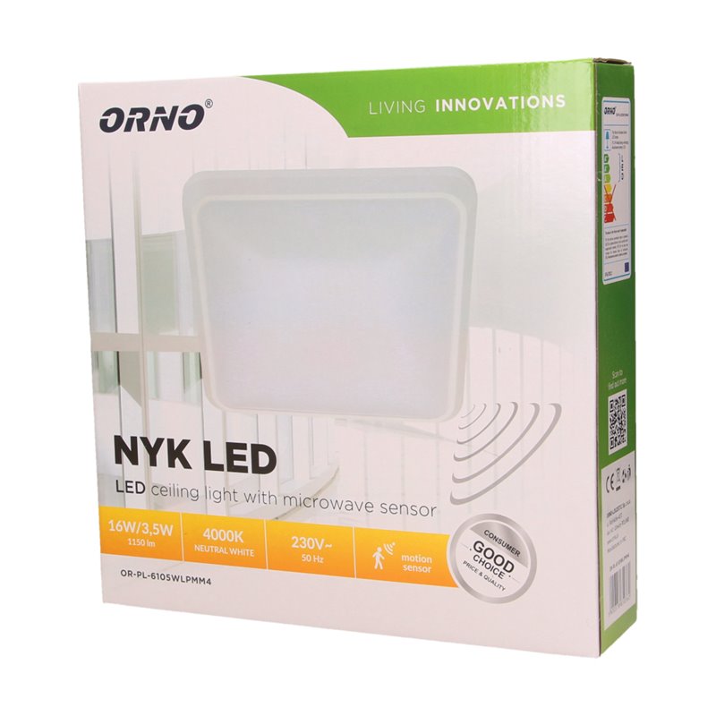 NYK LED 16W, PLAFON Z MIKROFALOWYM CZUJNIKIEM RUCHU, 1150LM, IP20, 4000K, POLIWĘGLAN MLECZNY, BIAŁY ORNO NYK LED 16W, PLAFON Z MIKROFALOWYM CZUJNIKIEM RUCHU, 1150LM, IP20, 4000K, POLIWĘGLAN MLECZNY, BIAŁY ORNO