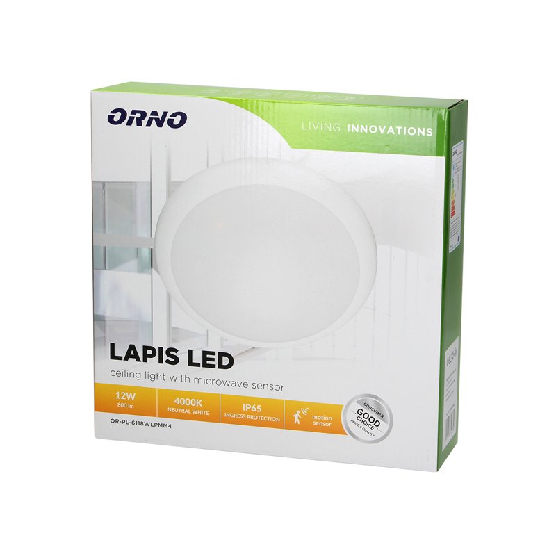 LAPIS LED 12W, PLAFON OŚWIETLENIOWY Z MIKROFALOWYM CZUJNIKIEM RUCHU, 800LM, IP65, 4000K, IK10, POLIWĘGLAN MLECZNY, BIAŁY ORNO LAPIS LED 12W, PLAFON OŚWIETLENIOWY Z MIKROFALOWYM CZUJNIKIEM RUCHU, 800LM, IP65, 4000K, IK10, POLIWĘGLAN MLECZNY, BIAŁY ORNO