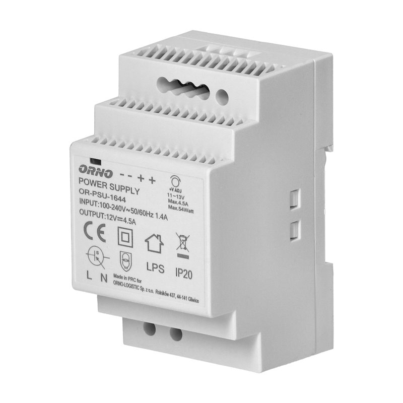 ZASILACZ NA SZYNĘ DIN 12VDC, 4,5A, 54W, SZEROKOŚĆ 3 MODUŁY ORNO ZASILACZ NA SZYNĘ DIN 12VDC, 4,5A, 54W, SZEROKOŚĆ 3 MODUŁY ORNO
