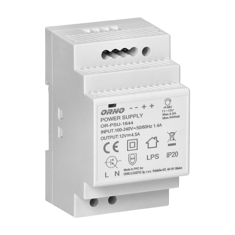 ZASILACZ NA SZYNĘ DIN 12VDC, 4,5A, 54W, SZEROKOŚĆ 3 MODUŁY ORNO ZASILACZ NA SZYNĘ DIN 12VDC, 4,5A, 54W, SZEROKOŚĆ 3 MODUŁY ORNO