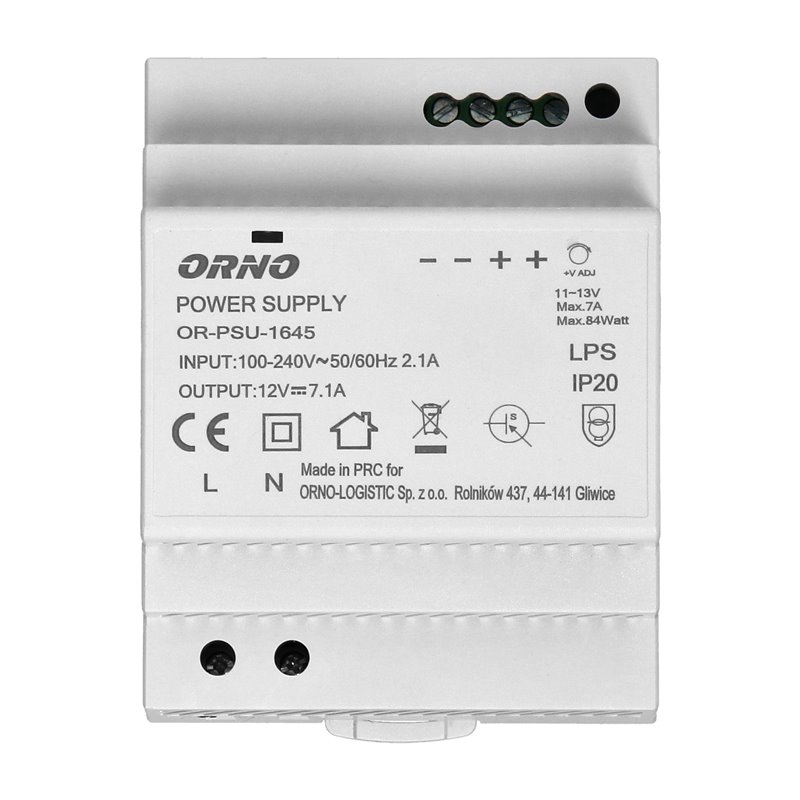 ZASILACZ NA SZYNĘ DIN 12VDC, 7A, 84W, SZEROKOŚĆ 4 MODUŁY ORNO ZASILACZ NA SZYNĘ DIN 12VDC, 7A, 84W, SZEROKOŚĆ 4 MODUŁY ORNO