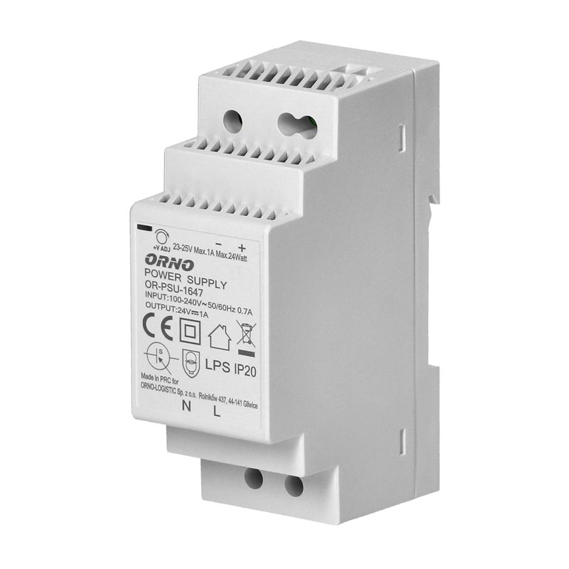 ZASILACZ NA SZYNĘ DIN 24VDC, 1A, 24W, SZEROKOŚĆ 2 MODUŁY ORNO ZASILACZ NA SZYNĘ DIN 24VDC, 1A, 24W, SZEROKOŚĆ 2 MODUŁY ORNO