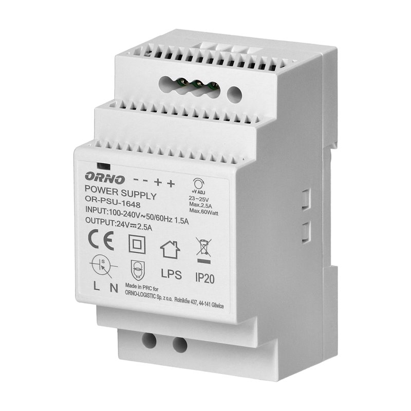 ZASILACZ NA SZYNĘ DIN 24VDC, 2,5A, 60W, SZEROKOŚĆ 3 MODUŁY ORNO ZASILACZ NA SZYNĘ DIN 24VDC, 2,5A, 60W, SZEROKOŚĆ 3 MODUŁY ORNO