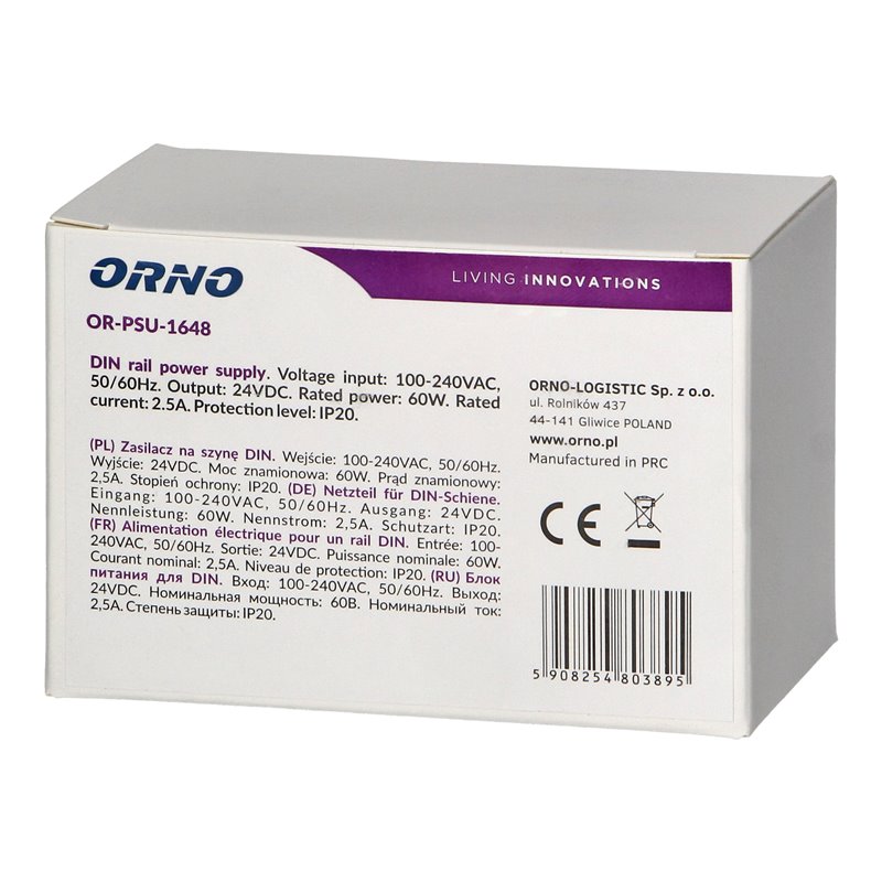 ZASILACZ NA SZYNĘ DIN 24VDC, 2,5A, 60W, SZEROKOŚĆ 3 MODUŁY ORNO ZASILACZ NA SZYNĘ DIN 24VDC, 2,5A, 60W, SZEROKOŚĆ 3 MODUŁY ORNO