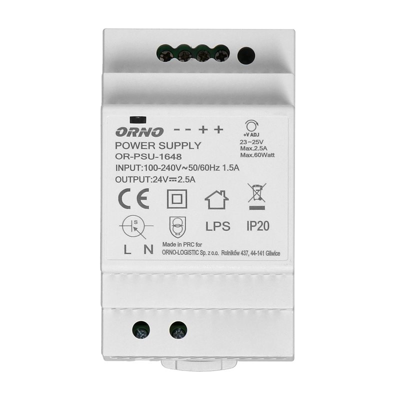 ZASILACZ NA SZYNĘ DIN 24VDC, 2,5A, 60W, SZEROKOŚĆ 3 MODUŁY ORNO ZASILACZ NA SZYNĘ DIN 24VDC, 2,5A, 60W, SZEROKOŚĆ 3 MODUŁY ORNO