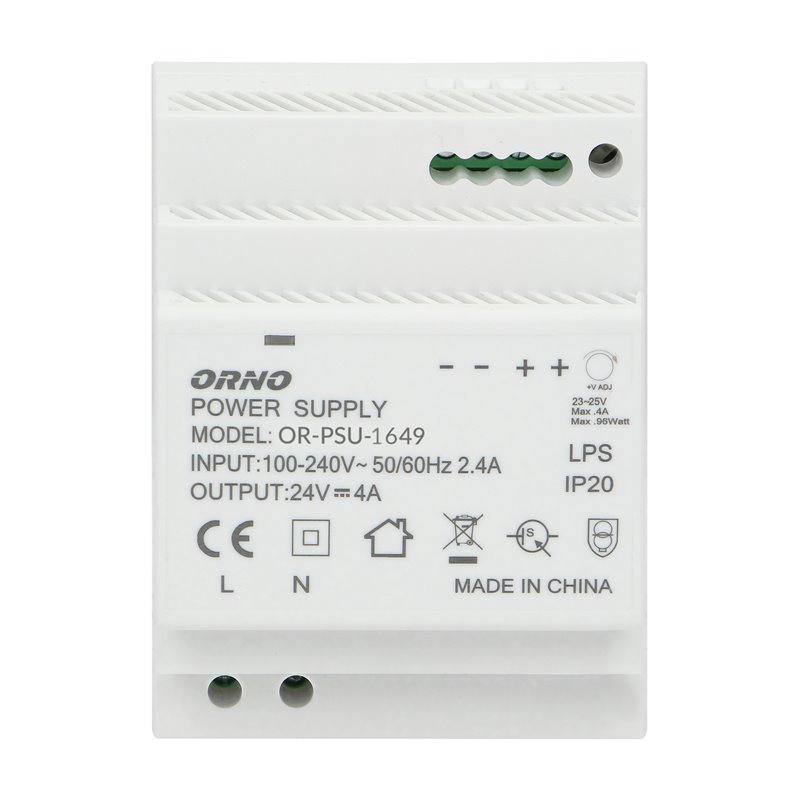ZASILACZ NA SZYNĘ DIN 24VDC, 4A, 100W, SZEROKOŚĆ 4 MODUŁY ORNO ZASILACZ NA SZYNĘ DIN 24VDC, 4A, 100W, SZEROKOŚĆ 4 MODUŁY ORNO
