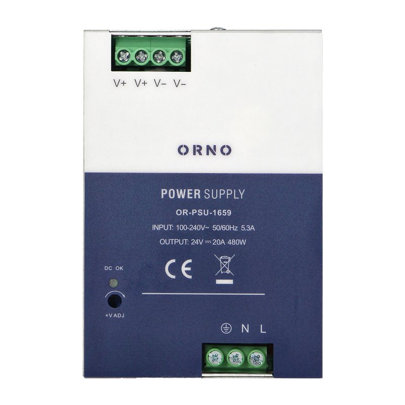 ZASILACZ PRZEMYSŁOWY, NA SZYNĘ DIN, 24VDC, 20A, 480W, W METALOWEJ OBUDOWIE ORNO ZASILACZ PRZEMYSŁOWY, NA SZYNĘ DIN, 24VDC, 20A, 480W, W METALOWEJ OBUDOWIE ORNO