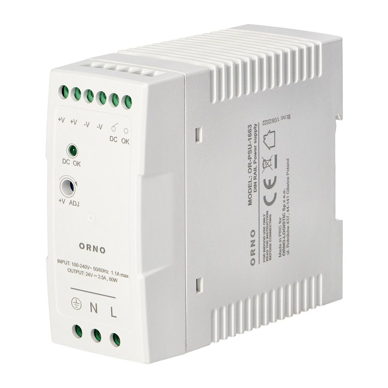 ZASILACZ PRZEMYSŁOWY, NA SZYNĘ DIN, 24VDC, 2,5A, 60W, W PLASTIKOWEJ OBUDOWIE ORNO