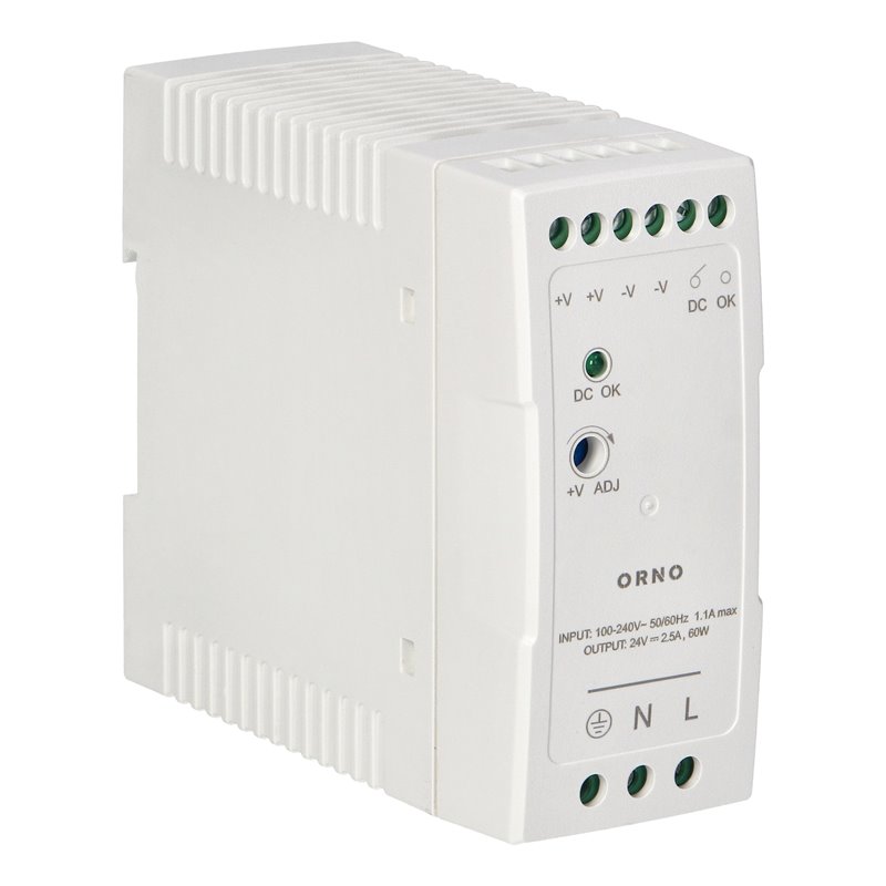 ZASILACZ PRZEMYSŁOWY, NA SZYNĘ DIN, 24VDC, 2,5A, 60W, W PLASTIKOWEJ OBUDOWIE ORNO ZASILACZ PRZEMYSŁOWY, NA SZYNĘ DIN, 24VDC, 2,5A, 60W, W PLASTIKOWEJ OBUDOWIE ORNO