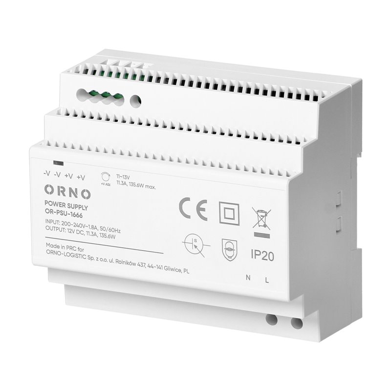 ZASILACZ NA SZYNE DIN, 12VDC, 11,3A, 135,6W, 6 MODUŁÓW ORNO