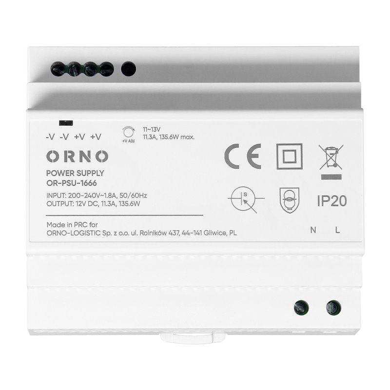 ZASILACZ NA SZYNE DIN, 12VDC, 11,3A, 135,6W, 6 MODUŁÓW ORNO ZASILACZ NA SZYNE DIN, 12VDC, 11,3A, 135,6W, 6 MODUŁÓW ORNO